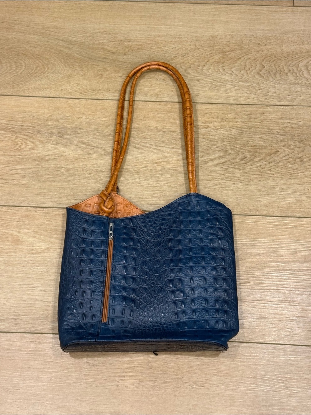 Italian Genuine Leather Croc Embossed Tote Bag Blue Cognac Shoulder Purse - Picture 2 of 12